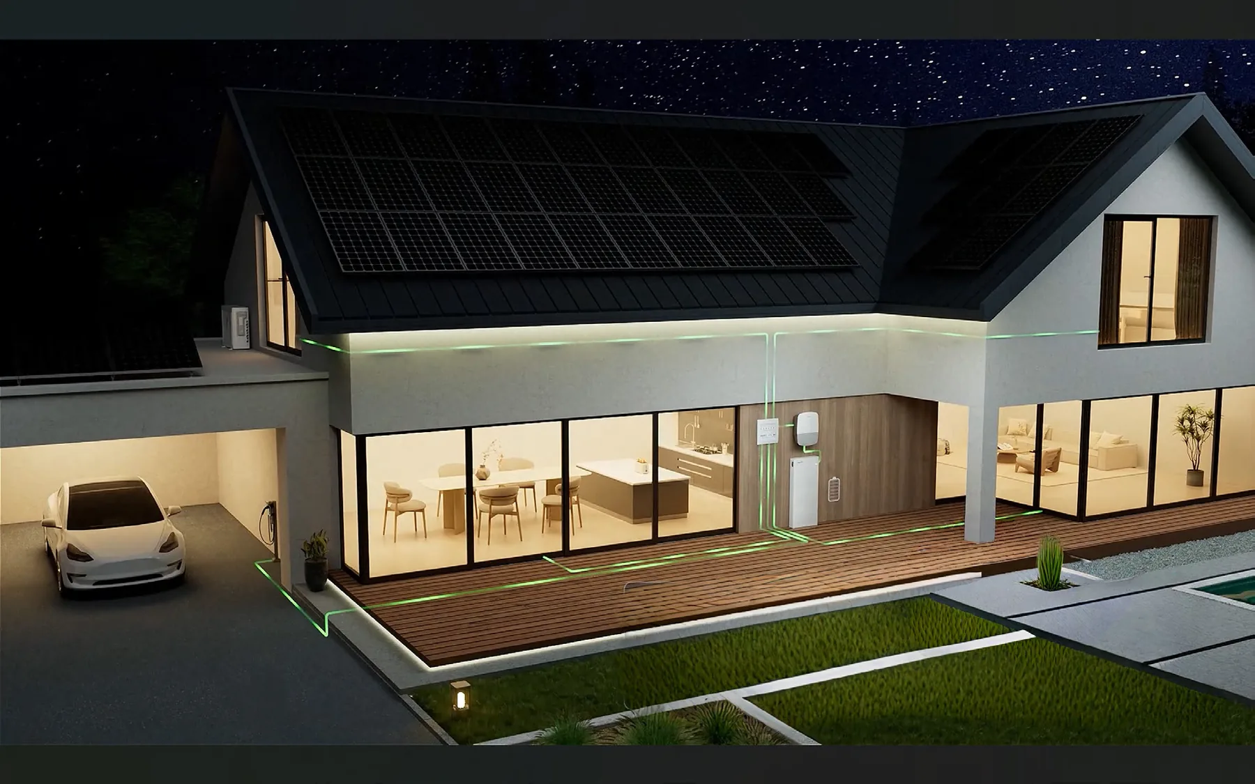 Wohnhaus bei Nacht mit Photovoltaikanlage und Hoymiles HIT Speichersystem