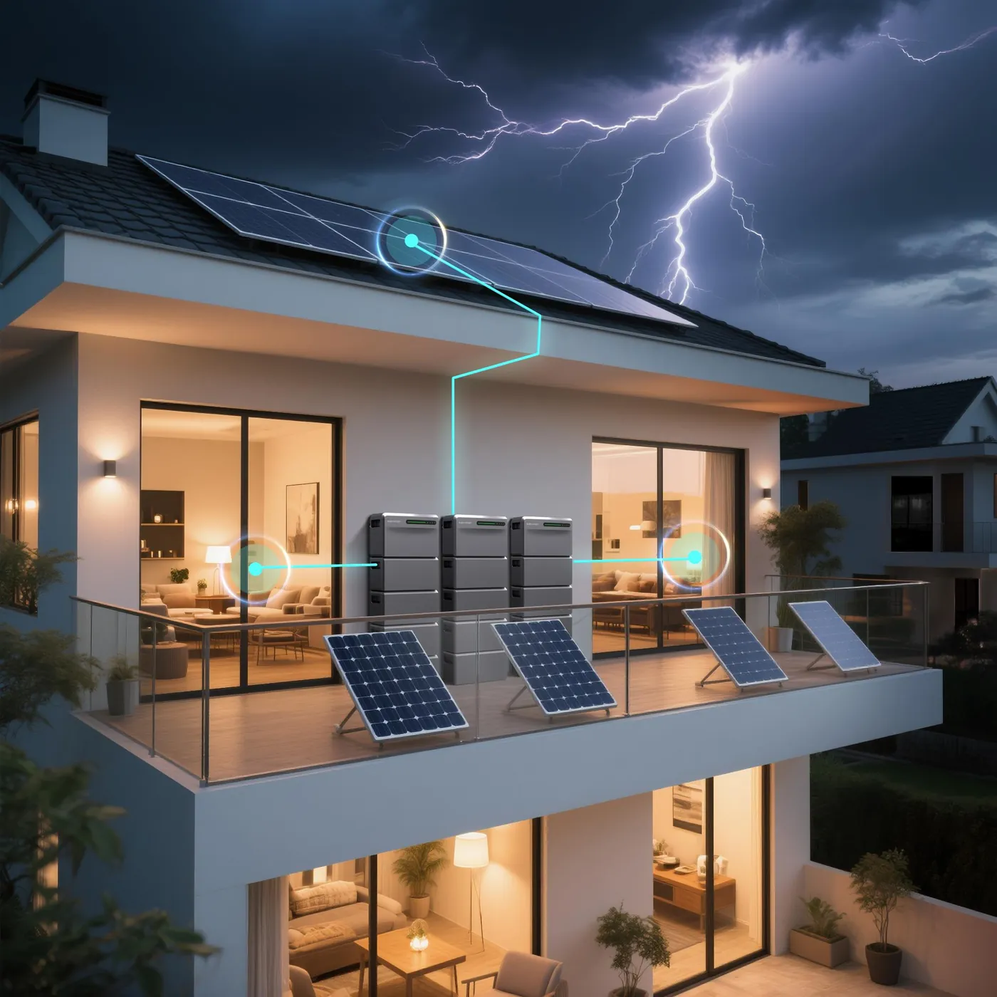 SigenMate 2700 Ultra versorgt ein Wohnhaus bei Netzausfall waehrend eines Gewitters