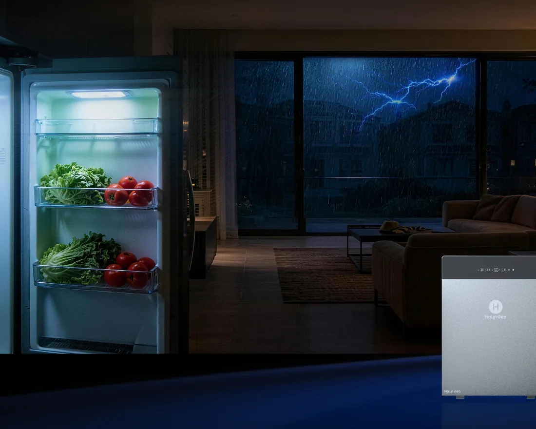 Fridge and Hoymiles HiBattery 4020 X in a living room during a thunderstorm, the fridge keeps running