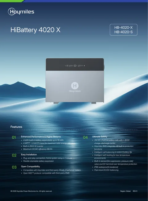 Cover page of the Hoymiles datasheet HiBattery 4020 X (HB-4020-X, HB-4020-S), English