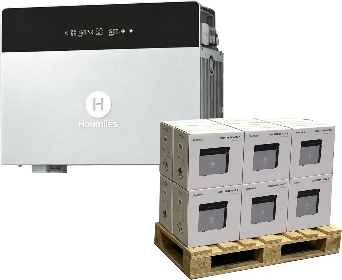 Hoymiles HiBattery 4020 X next to a pallet with twelve units in original packaging