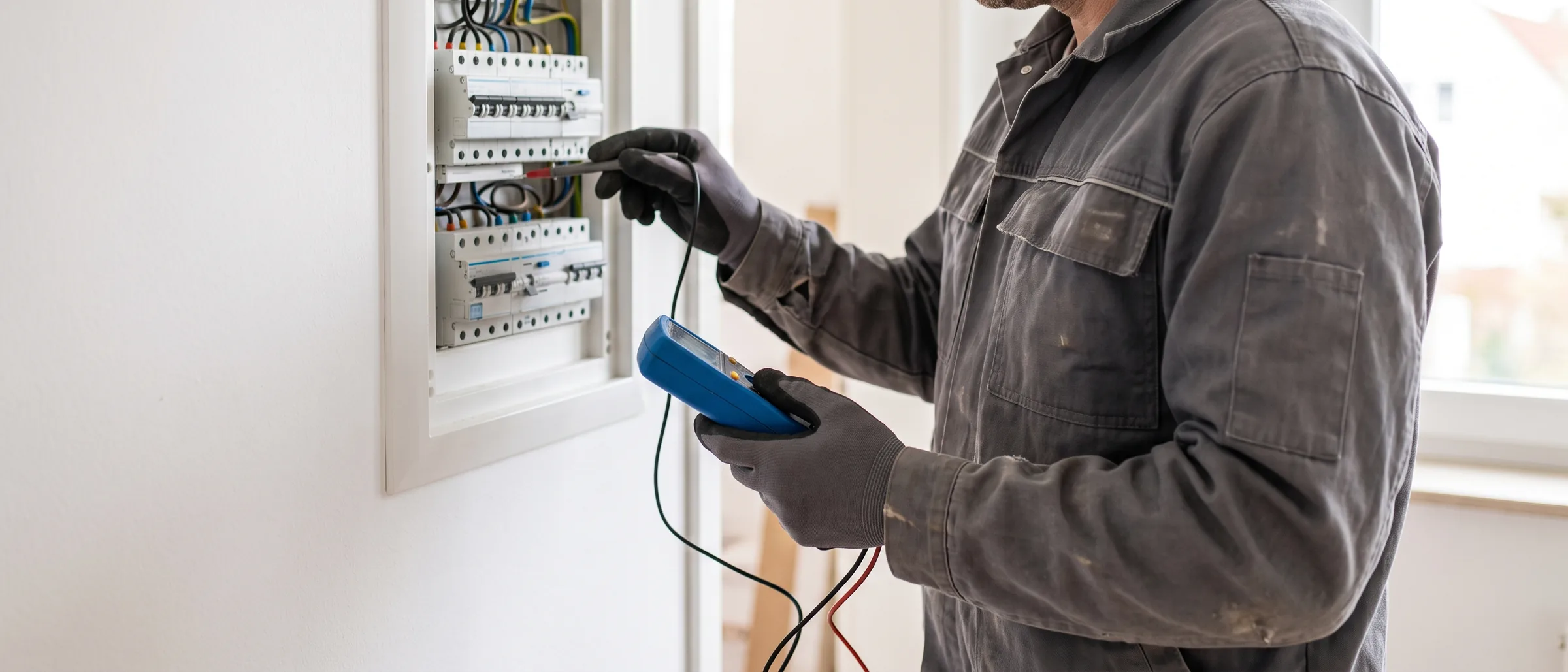 Qualified electrician testing a sub-distribution board with miniature circuit breakers using a measuring device
