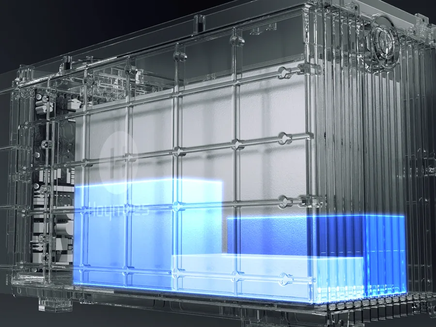 Transparent enclosure of the HiBattery 4020 X, the cells are charged to different levels and are being balanced