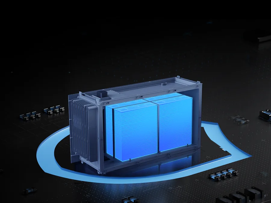 Open enclosure of the HiBattery 4020 X with glowing LFP cells, surrounded by a shield symbol for the battery management system