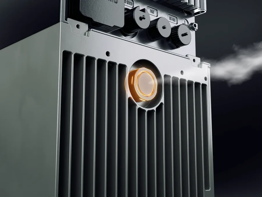 Side view of the HiBattery 4020 X, gas escaping to the outside at the pressure relief valve