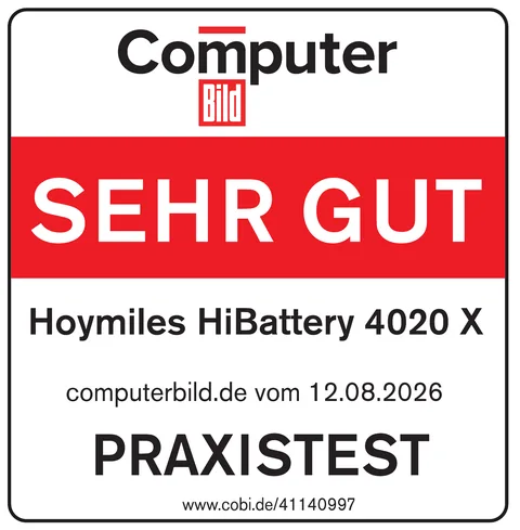 Computer Bild test seal: SEHR GUT (very good), Hoymiles HiBattery 4020 X, hands-on test, computerbild.de, 12.08.2026