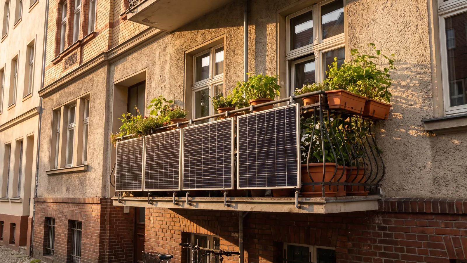Altbau mit Balkon, am Geländer hängen vier PV-Module, auf dem Balkon stehen Blumenkästen
