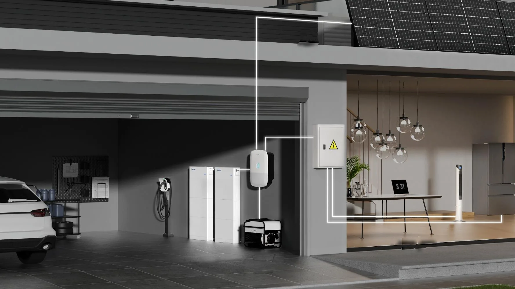 Herstellerbeispiel: Einfamilienhaus mit PV-Anlage, Hoymiles HIT-Wechselrichter, zwei G2-Speichertürmen, Generator, Wallbox und Elektroauto in der Garage sowie der Hausverteilung