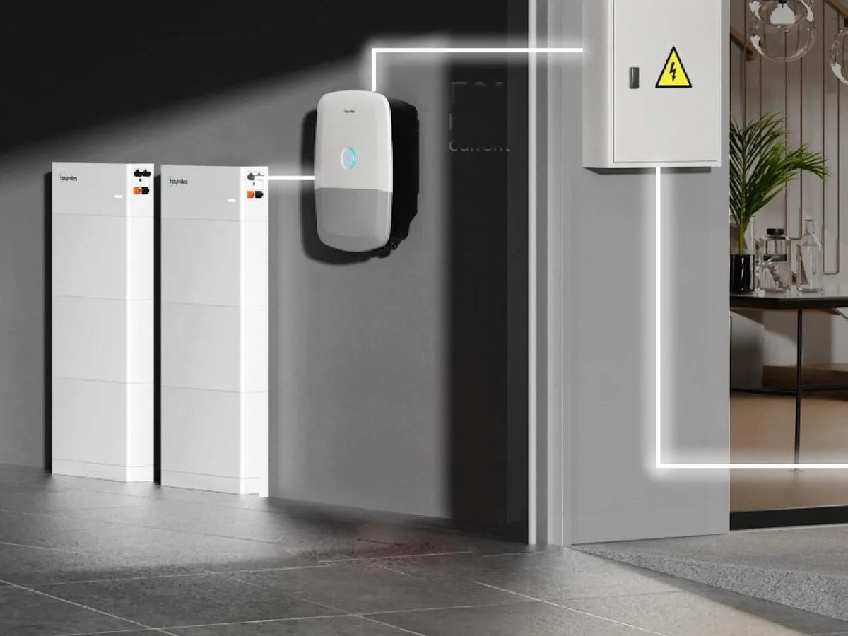 Hoymiles HIT-Wechselrichter an der Garagenwand neben zwei G2-Speichertürmen, die Leitung führt zur Hausverteilung und weiter zu den Verbrauchern im Wohnbereich