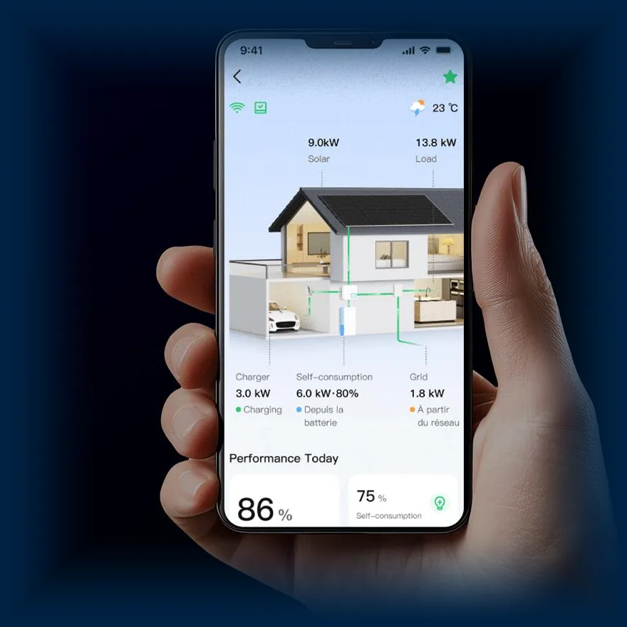 Hand hält ein Smartphone mit der Hoymiles S-Miles-App: Hausansicht mit Energieflüssen und Tageswerten