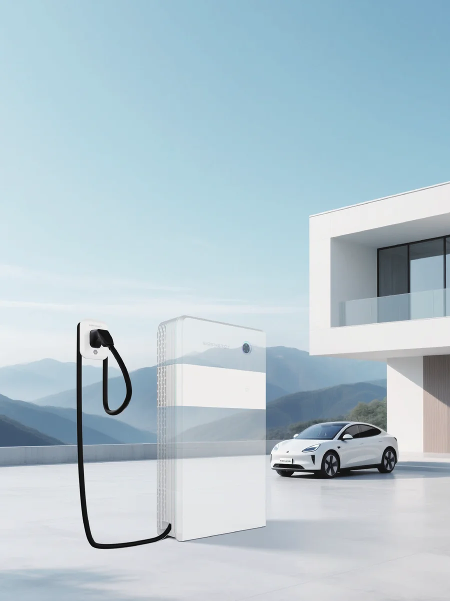 SigenStor mit EV DC Charging Modul lädt ein Elektrofahrzeug vor einem Wohnhaus