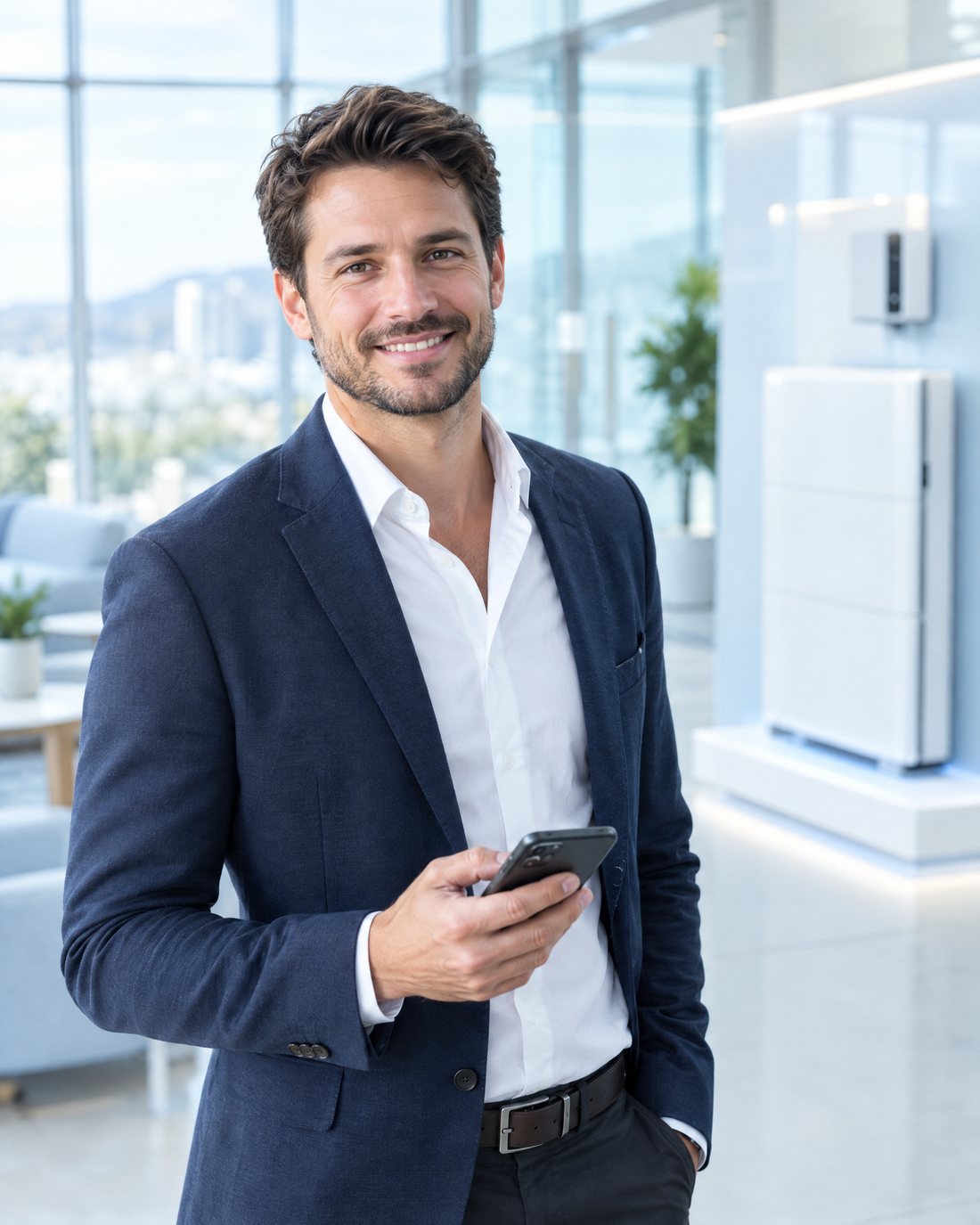 Vertriebsmanager mit Smartphone in einem hellen Büro