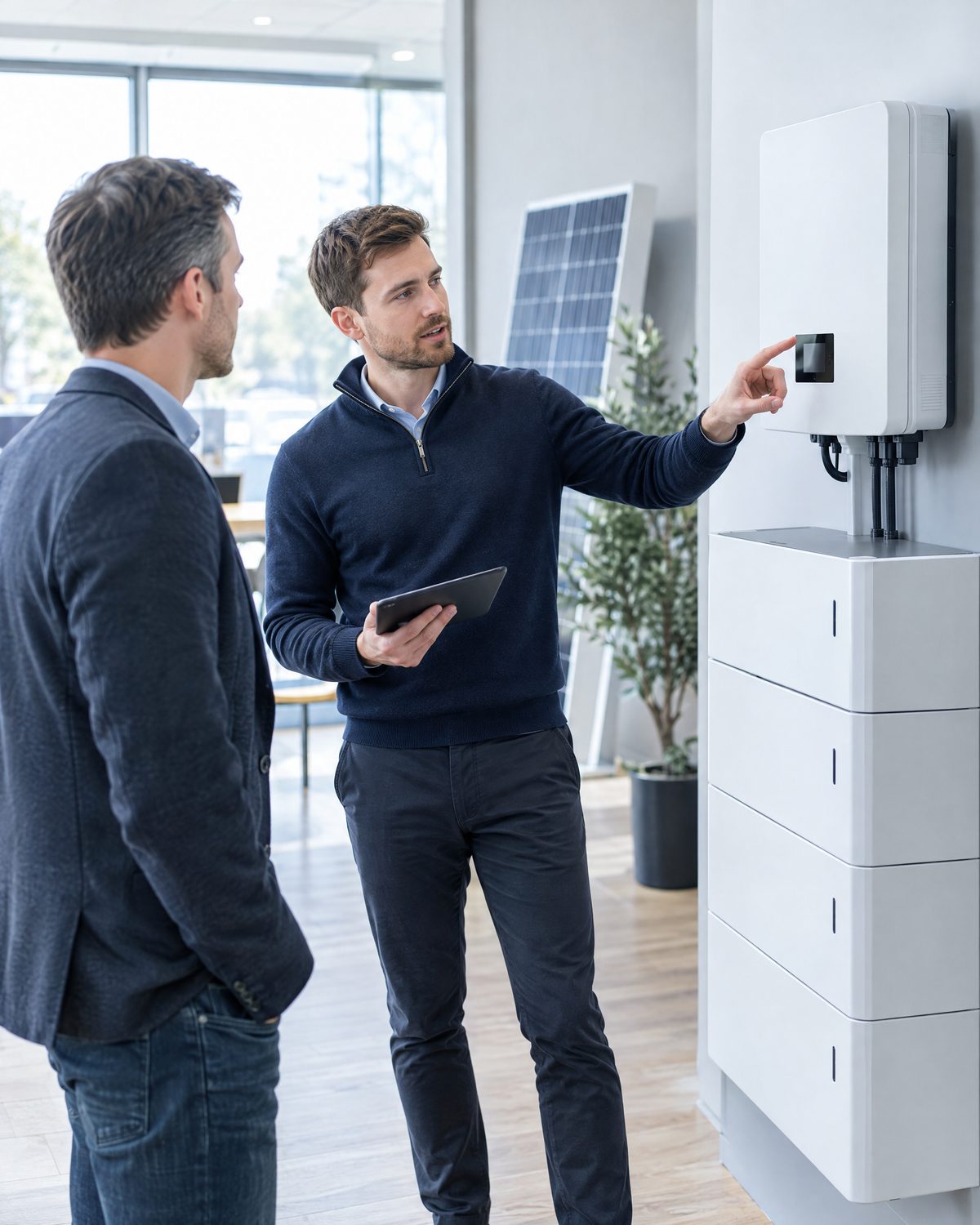 Technischer Berater erklärt einem Kunden ein Speichersystem
